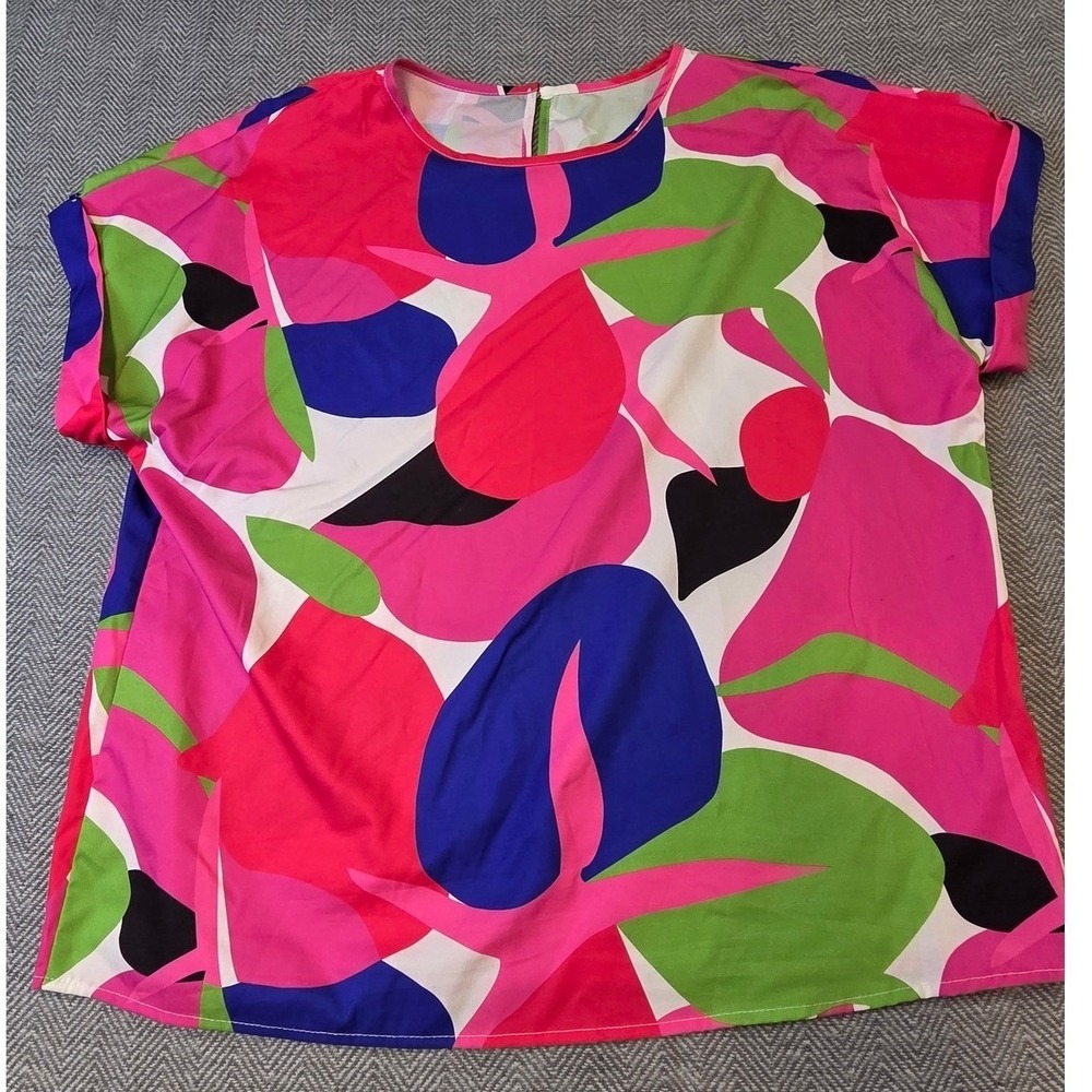 SHEIN Womens XL Multicolor Abstract Leaf Print Short Sleeve Blouse Crew Neck Top